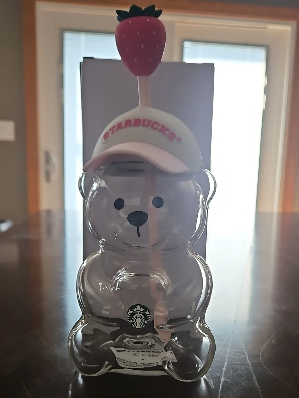 Starbucks Clear Bear Kids Bottle with Pink Cap and Strawberry Top